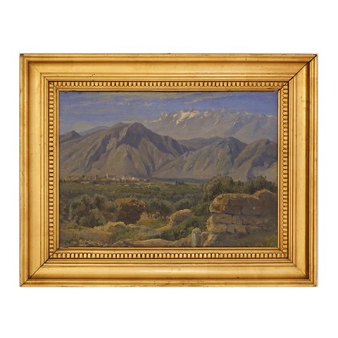 Thorald Læssøe, 1816-1878, tilskrevet, olie på 
lærred. Italiensk landsby ca. år 1850. Lysmål: 
33x46cm. Med ramme: 48x61cm