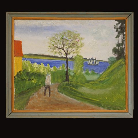 Jens Søndergaard, 1895-1957: "Die Förde bei 
......", Öl auf Leinen. Signiert und datiert 1952. 
Lichtmasse: 66x79cm. Mit Rahmen: 77x90cm