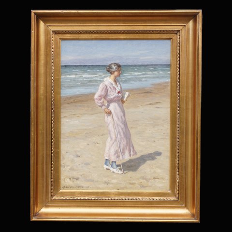 N. F. Schiøttz-Jensen, 1855-1941: Frau am Strand 
Lønstrup. Öl auf Leinen. Signiert und datiert 
1916. Lichtmasse: 48x34cm. Mit Rahmen: 66x80cm