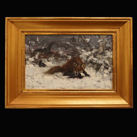 Bruno Liljefors, 1860-1939, Öl auf Leinen. 
Schneelandschaft mit Fuchs und Krähen. Signiert 
und datiert 1881. Lichtmasse: 23x36cm. Mit Rahmen: 
37x50cm