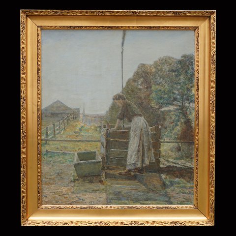 Oluf Høst maleri. Oluf Høst, 1884-1966, olie på 
lærred. Kvinde ved vippebrønd. Signeret og dateret 
"O. Høst Gudhjem 1909". Lysmål: 85x72cm. Med 
ramme: 104x91cm