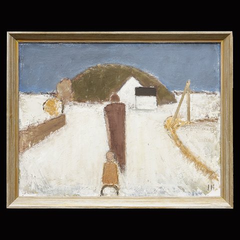 Johannes Hoffmeister maleri. Johannes Hoffmeister, 
1914-90, olie på lærred. Personer i landskab. 
Signeret. Lysmål: 50x64cm. Med ramme: 56x70cm