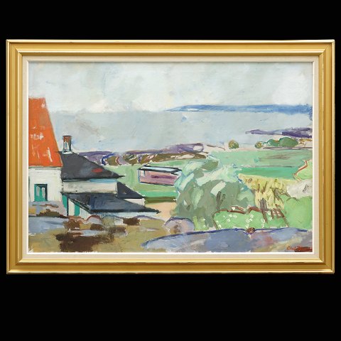 Olaf Rude maleri. Olaf Rude, 1886-1957, olie på 
lærred. Udsigt fra kunstnerens atelier, Allinge, 
Bornholm. Signeret. Lysmål: 88x129cm. Med ramme: 
108x149cm