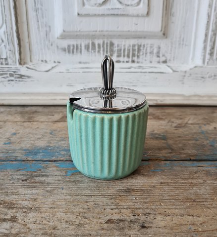 Michael Andersen fluted jam jar with very beautiful turquoise glaze. Silver plated lid made by Huggo Grün