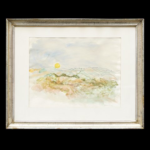 Jens Søndergaard, 1895-1957, watercolor. Landscape 
with sun. Signed and dated 1951. Visible size: 
36x47cm. with frame: 57x70cm