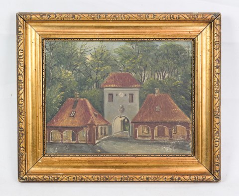 Oliemaleri, bygning og skov, 1920
Flot stand
