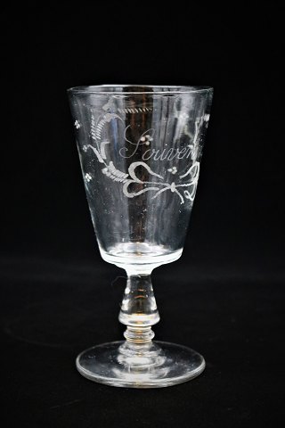 Antikt fransk mundblæst Souvenir glas med skrift og blomster motiver H:16cm. 
Dia.:8cm.