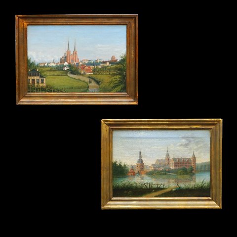 Jacob Christian Gottschalk, 1817-94, Öl auf 
Leinen. Roskilde Dom und Schloss Frederiksborg 
datiert bez. 1880 & 1864. Lichtmasse: 29x41cm. Mit 
Rahmen: 38x50cm 
Lysmål: 29x41cm. Med ramme: 38x50cm