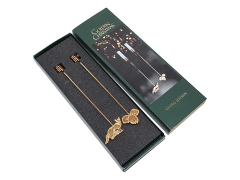 Georg Jensen ChristmasTwo Golden Christmas Candle holders - Fox and Hazelnut from 2002