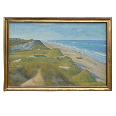 Niels Bjerre, 1864-1942, Öl auf Leinen. Küste, 
Westjütland. Signiert und datiert 1921. 
Lichtmasse: 53x81cm. Mit Rahmen: 62x90cm