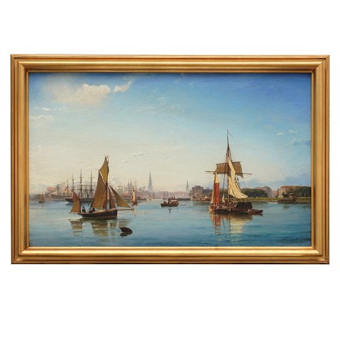C. F. Sørensen Maleri. Carl Frederik Sørensen, 
1818-79, olie på lærred. Toldboden og indsejlingen 
til Københavns Havn. Signeret og dateret 1863. God 
stand. Lysmål: 78x123cm. Med ramme: 95x140cm