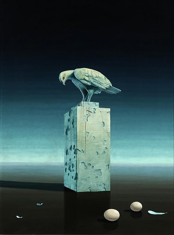 "Natura morte med stenfugl" Oliemaleri på plade i sølv ramme.