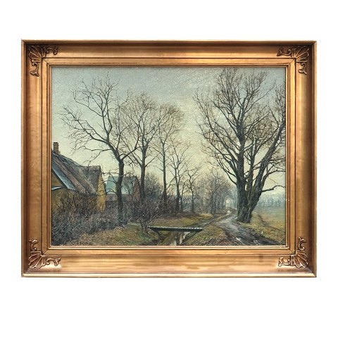 Ole Ring maleri. Ole Ring, 1902-72, olie på 
lærred. Parti fra landsby. Signeret. Lysmål: 
45x59cm. Med ramme: 60x74cm