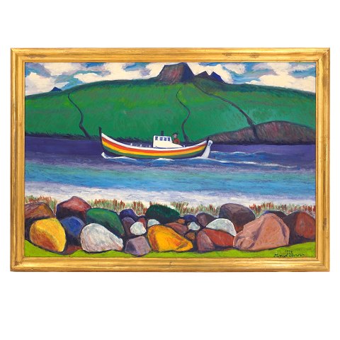 Frimod Joensen maleri Færøerne. Frimod Joensen, 1915-97, olie på masonit. Landskab Færøerne signeret og dateret 1978. Lysmål: 80x119cm. Med ramme: 92x131cm