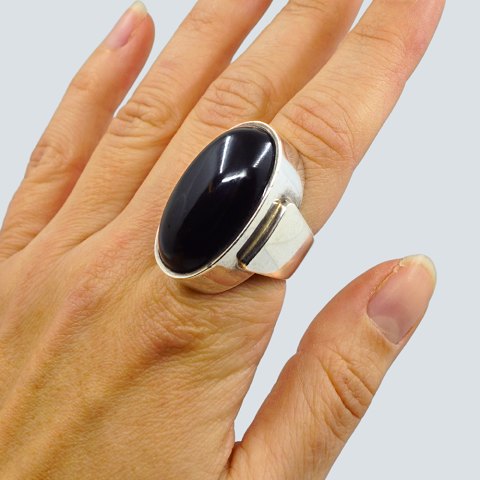 Georg Jensen; Ring of sterling silver with onyx