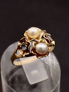 14 karat guld ring med gte perler og aquamariner