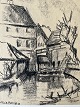Tegning af Niels Bruun - Parti fra Ribe 1940.