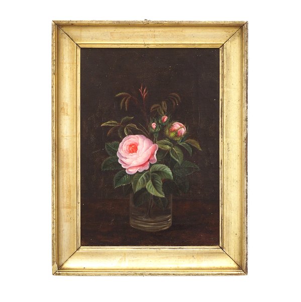 Flower painting, oil on linen. Stilleben with roses. "Painted 1874 by Louise 
Behrens - 16 y/o"