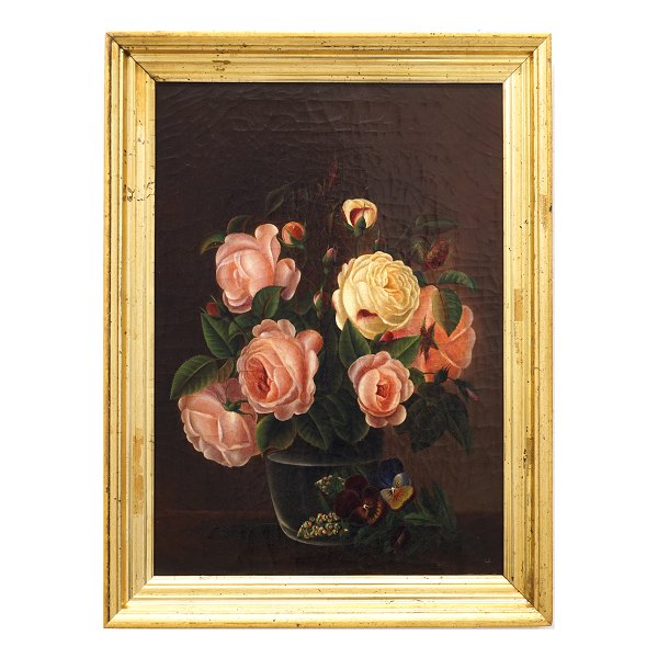 I L Jensens skole: Blomstermaleri med roser. Olie på lærred. Signeret "Li". 
Danmark ca. år 1830. Lysmål: 43x31cm. Med ramme: 51x39cm