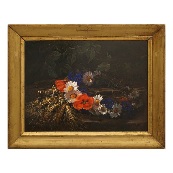 I. L. Jensen, 1800-56: Krans af vilde blomster, havre og byg. Olie på plade. 
Signeret "I L Jensen". Lysmål: 28x37,5cm. Med ramme: 38x47,5