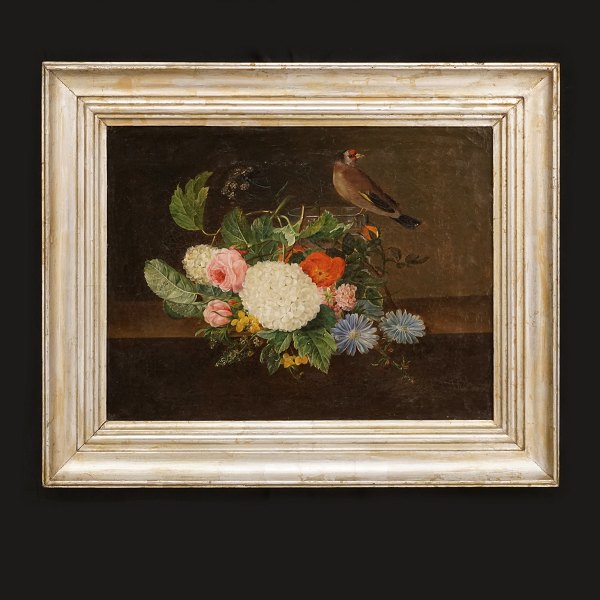 A Danish painting, flowers on a table with a vase and a bird. Denmark circa 
1830. Visible size: 27x36cm. With frame: 39x48cm