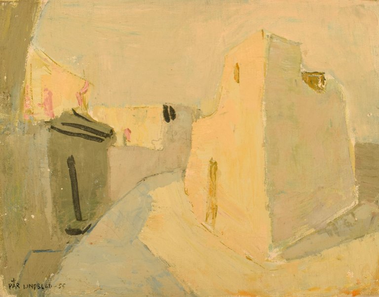 Pär Lindblad (f. 1907, d.1981), Svensk kunstner. "Ischia Porte" Modernistisk 
bymotiv fra Napoli bugten. Olie på lærred. 1955.
