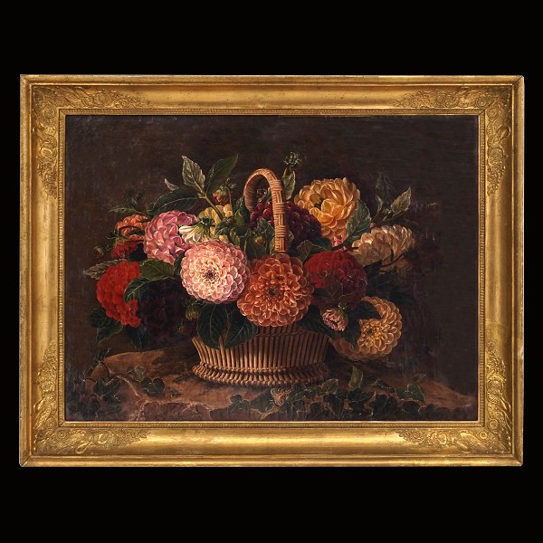 Ubekendt kunstner: Blomstermaleri med motiv i form af georginer i kurv flankeret 
af bladværk med sommerfugl. Olie  på lærred. Danmark ca. år 1840
Lysmål: 42x56cm. Med ramme: 53x67cm