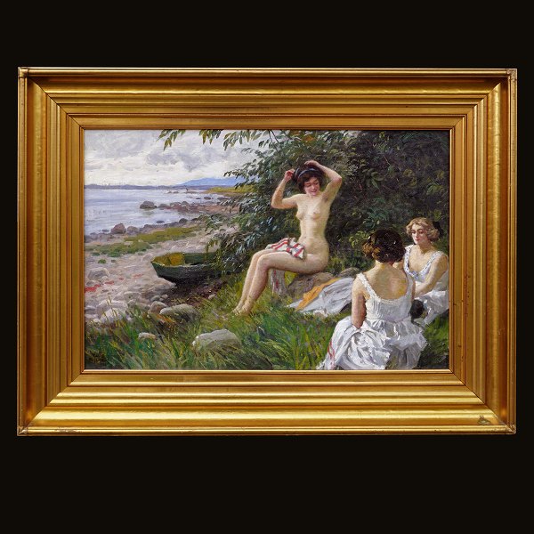 Paul Fischer, 1860-1934, drei Mädchen am Strand. Öl auf Leinen. Signiert. 
Lichtmasse: 42x62cm. Mit Rahmen: 62x82cm