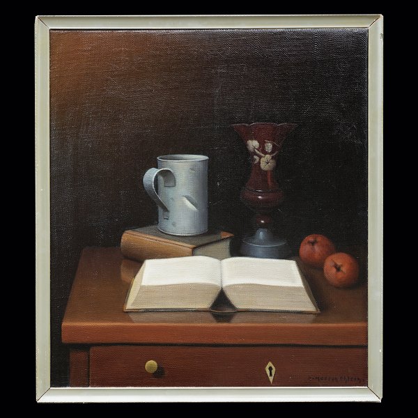 Jeppe Madsen-Ohlsen, 1891-1948, Öl auf Leinen. "Der Krug und die Bibel". 
Signiert. Ausgestellt 1950. Lichtmasse: 68x60cm. Mit Rahmen: 73x65cm