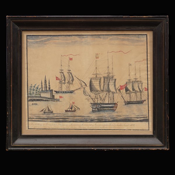 P. Rose, Marinebillede, akvarel, forestillende orlogsskibet "Dronning Marie", 
Korvetten "Najaden" og Briggen "Allart". Signeret og dateret 1834. Lysmål: 
45x55cm. Med ramme: 60x70cm