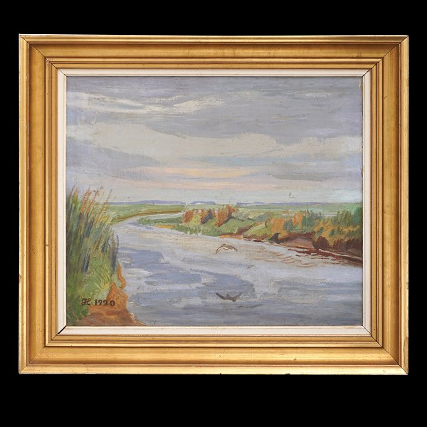 Johannes Larsen maleri. Johannes Larsen, 1867-1961, olie på lærred. Fugl i 
ålandskab. Signeret og dateret 1920. Lysmål: 43x51cm. Med ramme: 58x66cm