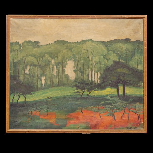 Olaf Ripcke-Edsberg, 1879-1946, Öl auf Leinen. Waldpartie. Signiert und datiert 
1915. Lichtmasse: 76x91cm. Mit Rahmen: 81x96cm