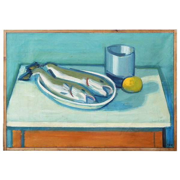 Karl Larsen, 1897-1977, olie på lærred.
Stilleben med bord, fisk, citron og vase.
Signeret og dateret 1926.
Lysmål: 89x130cm. Med ramme: 94x135cm