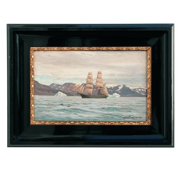 Riis Carstensen maleri. Andreas Riis Carstensen, 1844-1906, olie på lærred. 
Marinemotiv med skib ud for Grønlands kyst. Signeret. Lysmål: 22x36cm. Med 
ramme: 39x53cm