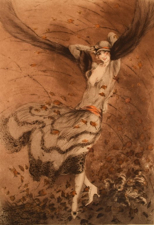 Louis Icart (1888-1950). Radering på papir. "Autumn Swirls". Dateret 1924.
