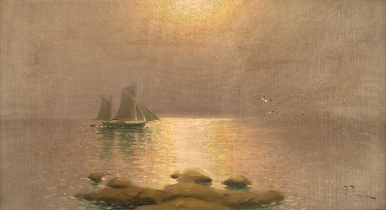 Johan Boström, svensk kunstner. Olie på lærred. Sejlskib på havet. Tidligt 
1900-tallet.
