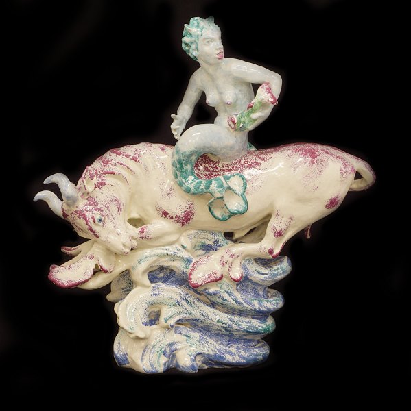 Very large polychrome glazed stoneware figuregroup "Sea Bull" signed by Jean 
René Gauguin, Paris 1881-Copenhagen 1961. Manufactured by Bing & Grøndahl, 
Copenhagen. H: 66cm. L: 65cm. D: 28cm