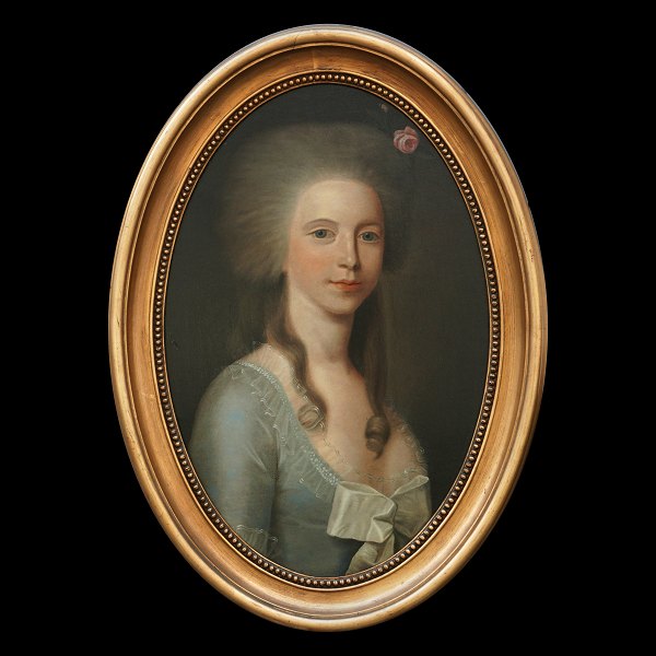 Jens Juel, 1745-1802, kreds, olie på lærred monteret på træ. Portræt 
forestillende Margaretha Moltke, f. Løvenskjold, 1772-1808, gift med greve 
Frederik Moltke. Lysmål: 62x40cm. Med ramme: 77x55cm