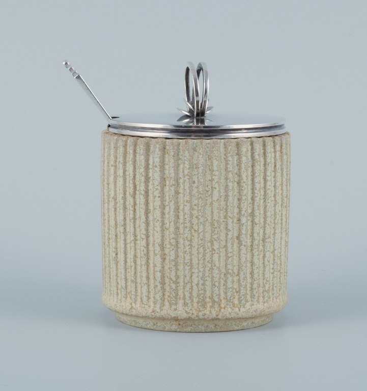 Arne Bang, ceramic marmalade jar with silver lid and Georg Jensen pyramid sterling silver spoon.