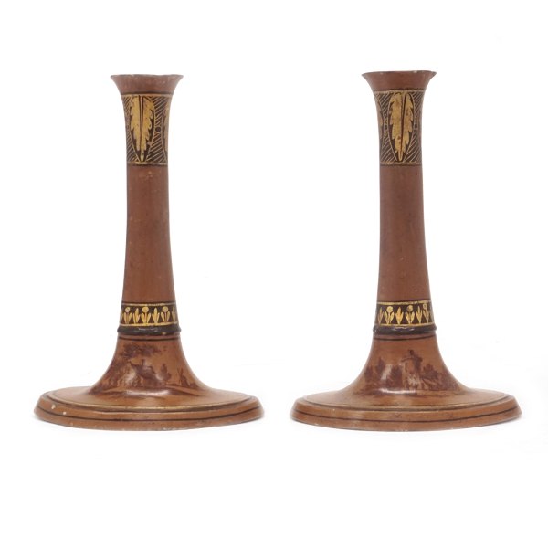 Pair of candlesticks with landscape motives. Germany circa 1840. H: 19,5cm