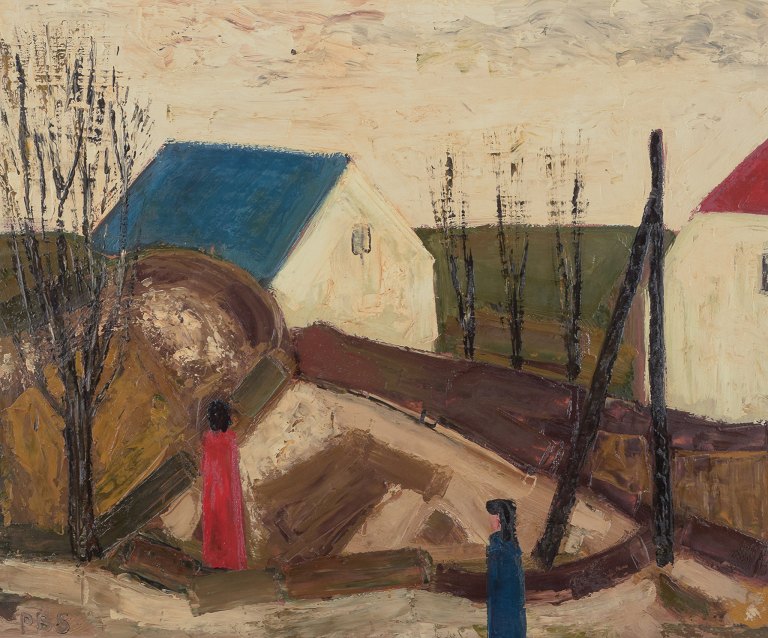 Peder Brøndum Sørensen (1931-2003), Danish painter, oil on board.Modernist landscape with figures and houses.