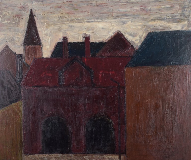 Peder Brøndum Sørensen (1931-2003), Danish painter, oil on board."Dark Houses".