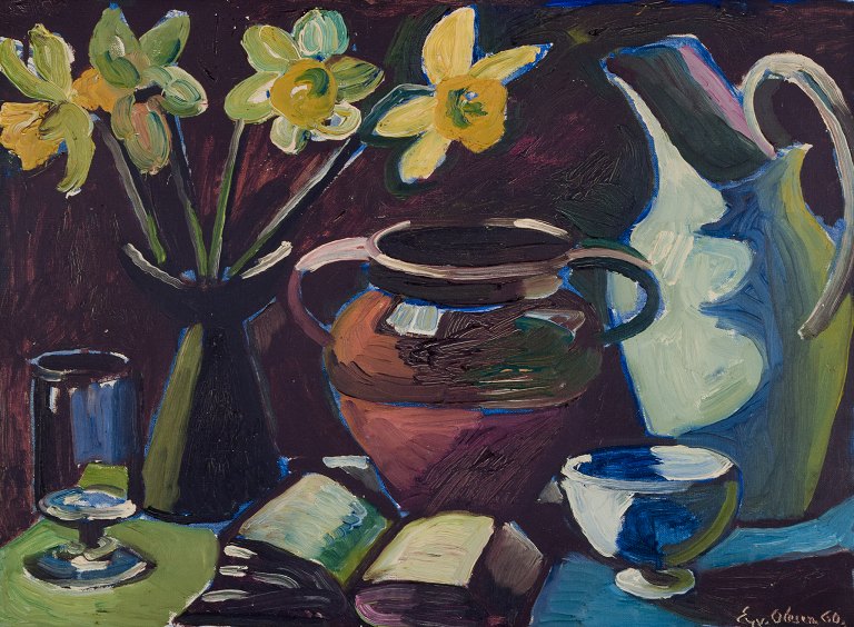 Eyvind Olesen, Danish artist.Oil on canvas. Modernist still life with a pitcher, flowers in a vase, and a book.