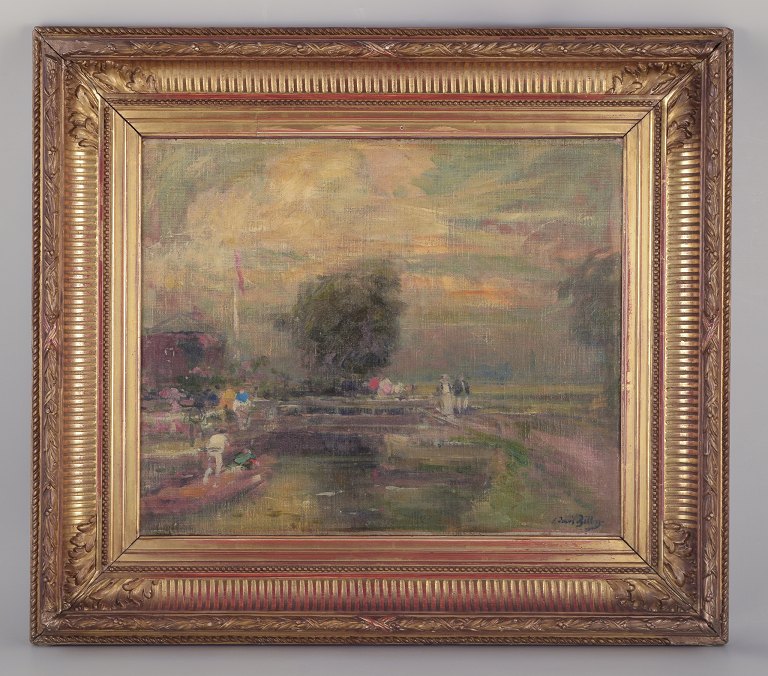 Eugène-Louis Gillot (1868-1925), listed French artist.Scene of rural life by a river.