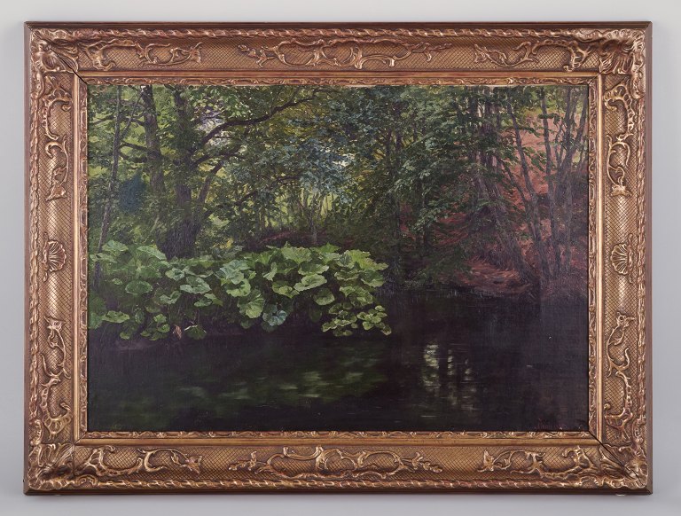 Carl Thiele (1860-1936) ,listed Danish artist, oil on canvas.Motif of a Danish forest lake.