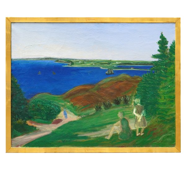 Jens Søndergaard maleri med motiv fra Limfjorden. Jens Søndergaard, 1895-1957, 
olie på lærred. Signeret og dateret 1936. Betitlet "Sommerlandskab" visende 
udsigt fra Toftum Bjerge mod Oddesund. Lysmål: 93x123cm. Med ramme: 102x132cm