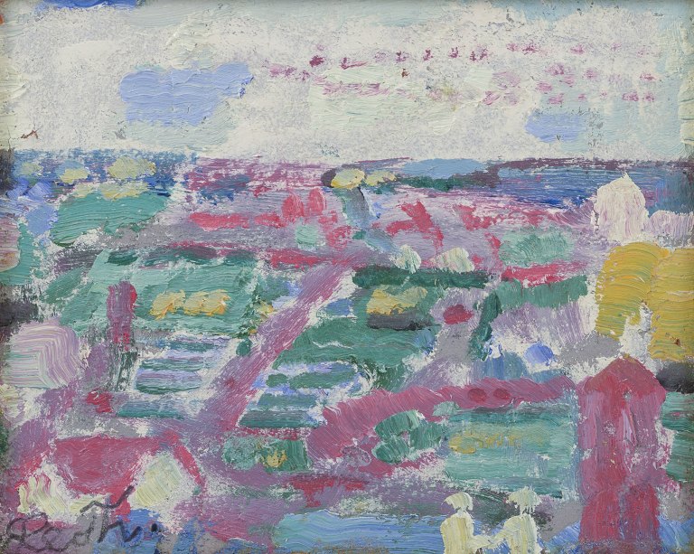 Leo Thellefsen (1909 - 1997), oil on board. 
Modernist landscape.