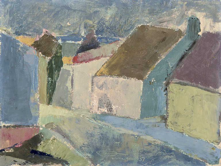 Pierre Forssell (1925-2004), listed Swedish designer and painter.
Oil on canvas.
Modernist landscape with houses.