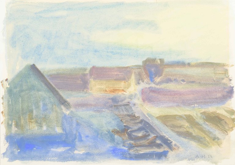 Aksel Møller
Landscape with houses and boats, 1958.
Watercolor on paper.