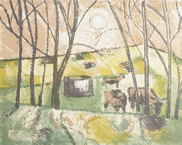 Poul Ekelund (1921–1976)
Farvelitografi med køer i landskab, 1972.